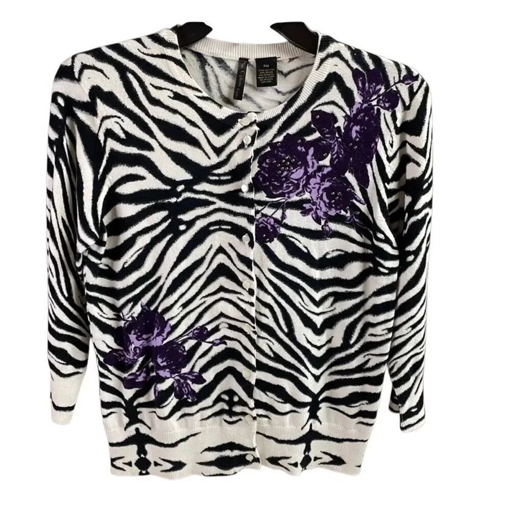 Nue Options Zebra Print Floral Button Cardigan Sweater Petite Medium Chic Retro